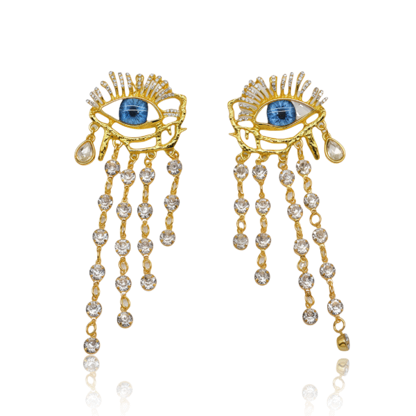 Gold Evil Eye earrings with blue eye, teardrop charm, and cascading crystal chains, symbolizing protection and healing.