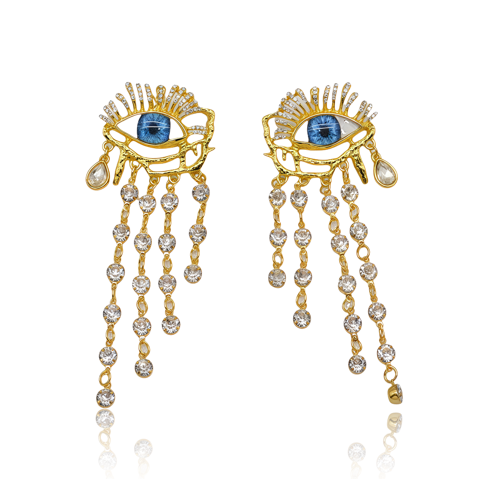 Evil Eye Tear Earrings – Crystal Chains of Protection-main view Gold Evil Eye earrings with blue eye, teardrop charm, and cascading crystal chains, symbolizing protection and healing.