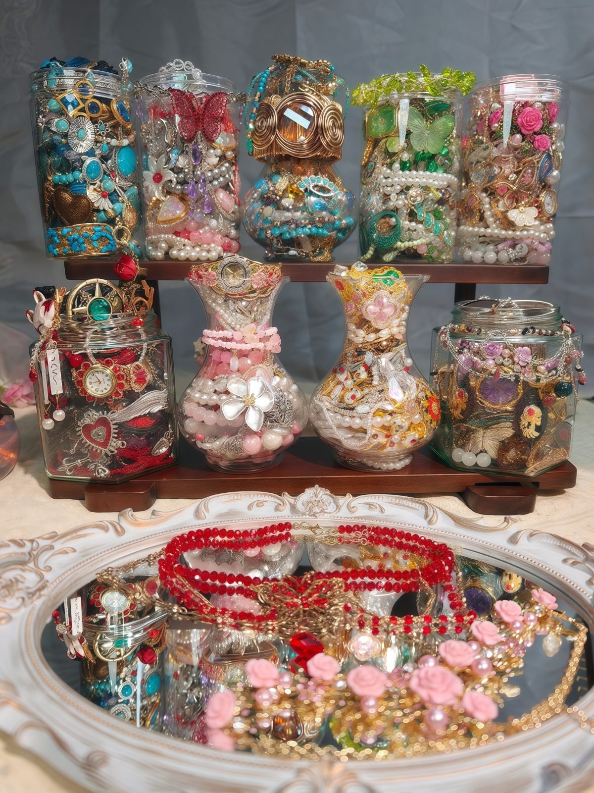 A pile of mysterious jewelry jars are placed on the shelf.