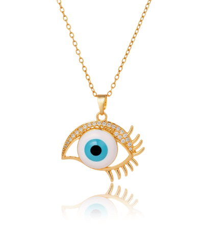 Gold-plated necklace with blue evil eye pendant and zirconia, symbol of protection and cosmic energy