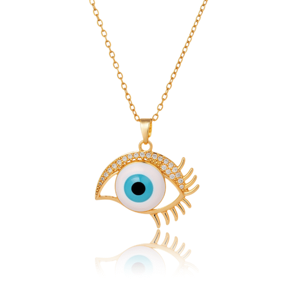 Gold-plated necklace with blue evil eye pendant and zirconia, symbol of protection and cosmic energy
