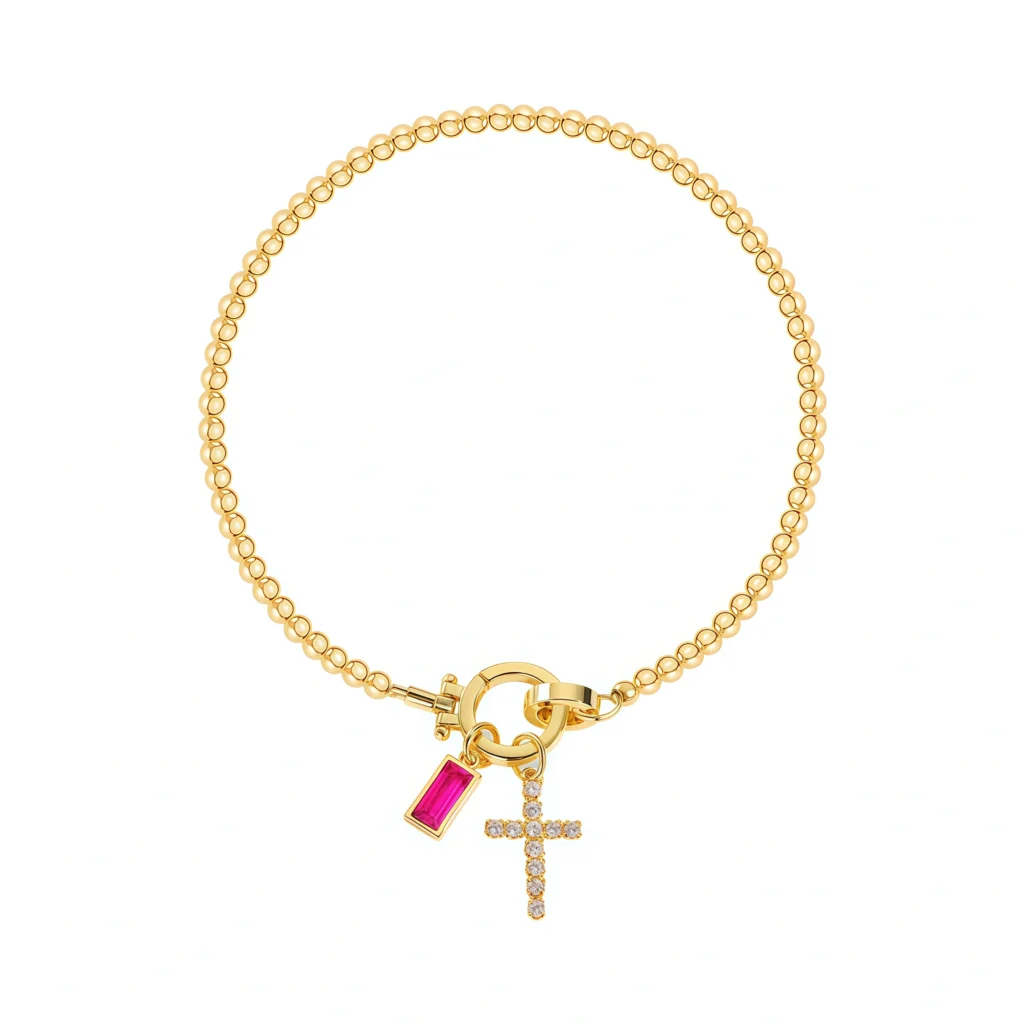 Cross Charm Beaded Birthstone Bracelet-Jul-Ruby-Glod