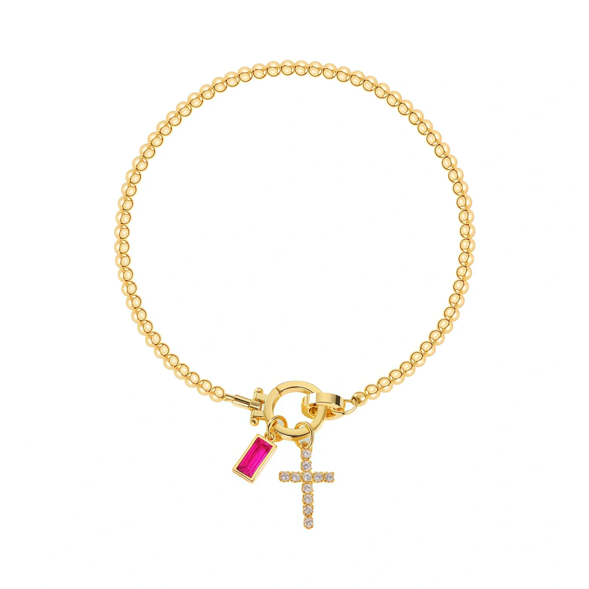 Cross Charm Beaded Birthstone Bracelet-Jul-Ruby-Glod