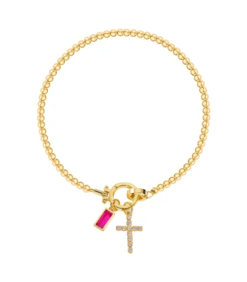 Cross Charm Beaded Birthstone Bracelet-Jul-Ruby-Glod