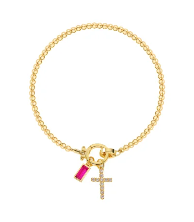 Cross Charm Beaded Birthstone Bracelet-Jul-Ruby-Glod