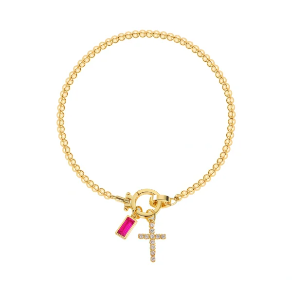 Cross Charm Beaded Birthstone Bracelet-Jul-Ruby-Glod