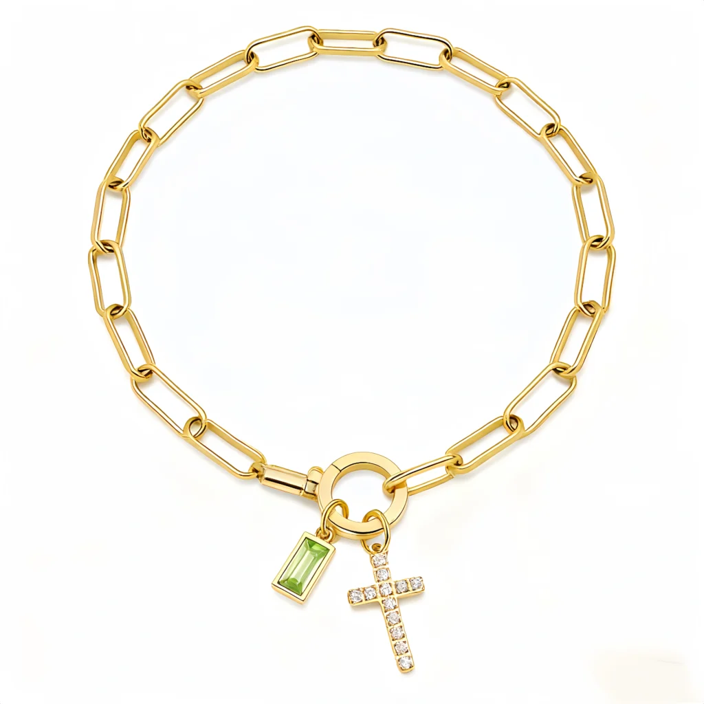 Cross Charm Paperclip Birthstone Bracelet-Aug-Peridot-Glod