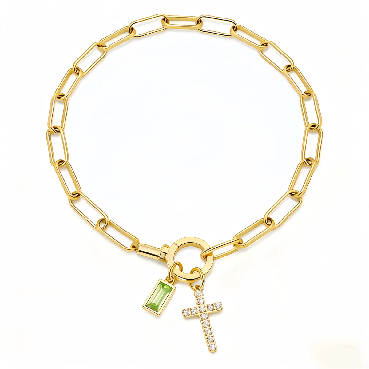 Cross Charm Paperclip Birthstone Bracelet-Aug-Peridot-Glod