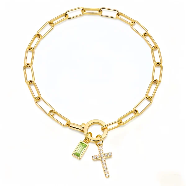 Cross Charm Paperclip Birthstone Bracelet-Aug-Peridot-Glod