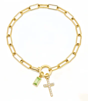 Cross Charm Paperclip Birthstone Bracelet-Aug-Peridot-Glod