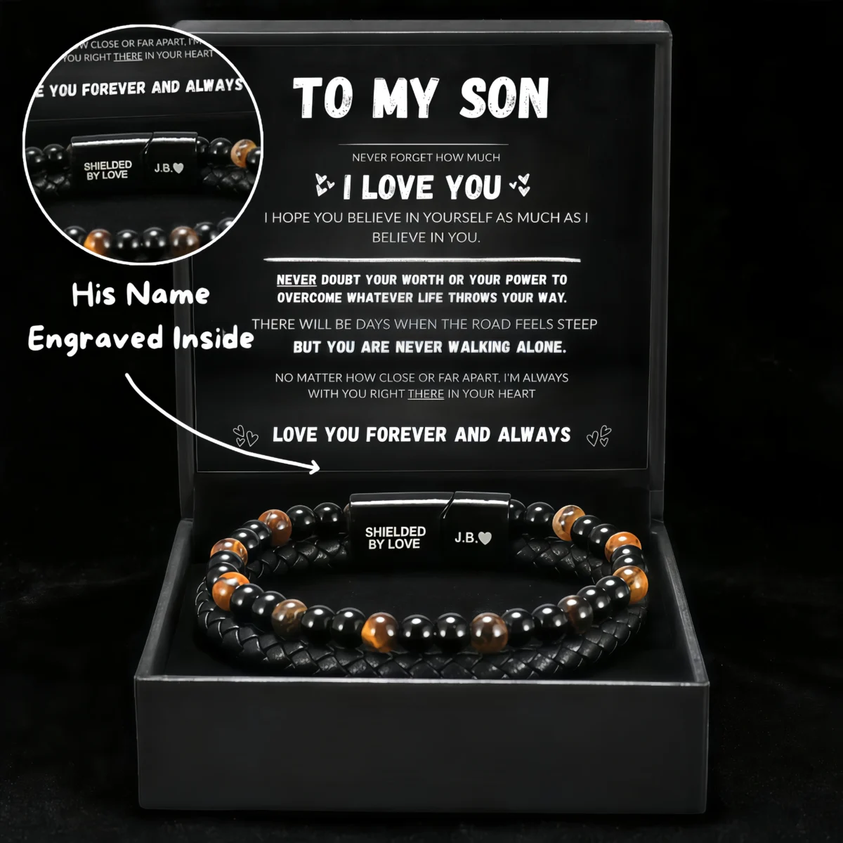 For Son- Tiger Eye Stone Bracelet Set(Engraved Name)-show view