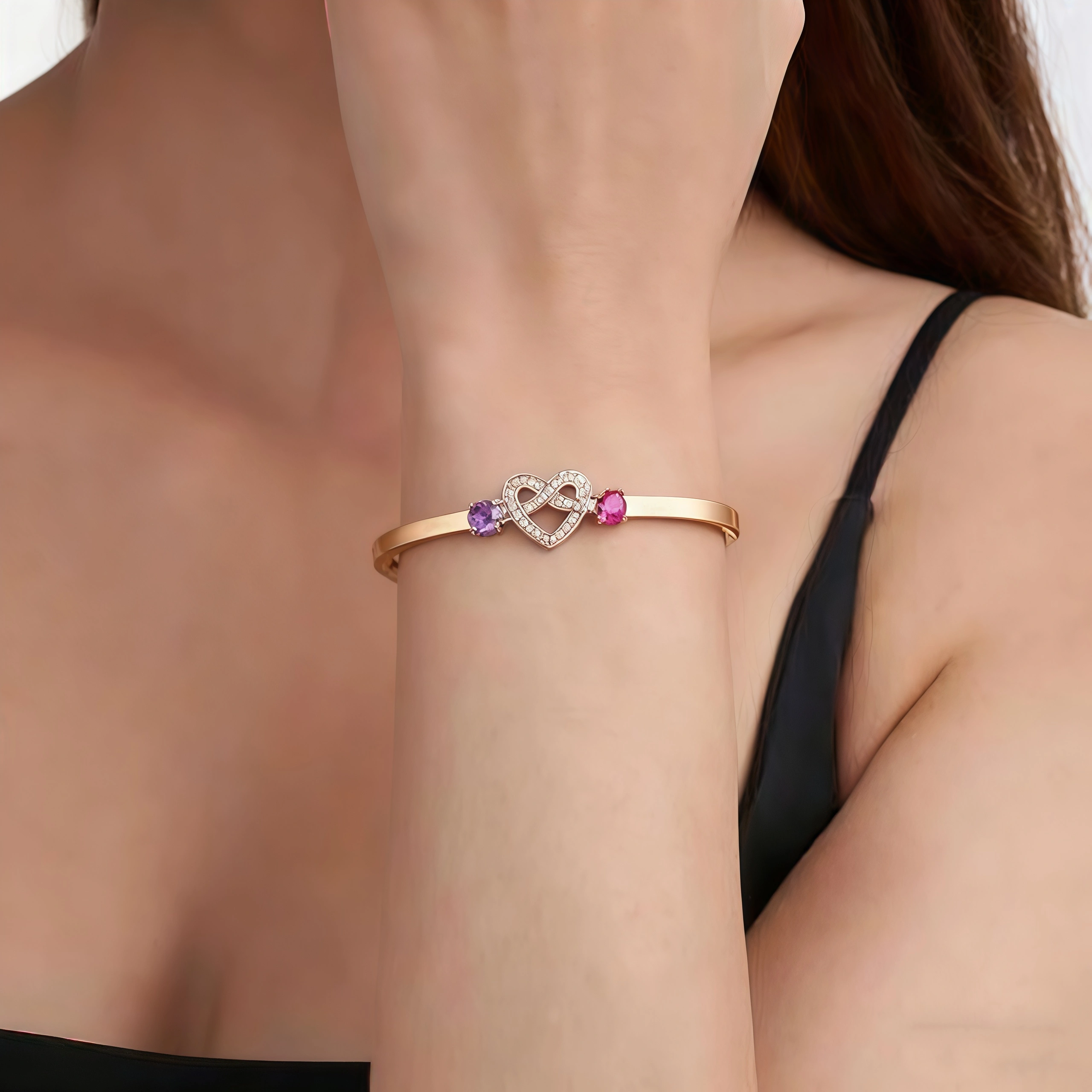 Love Knot Bracelet - Engraved with Name and Birthstone-champagne-model Love Knot Bracelet - Engraved with Name and Birthstone-champagne-model