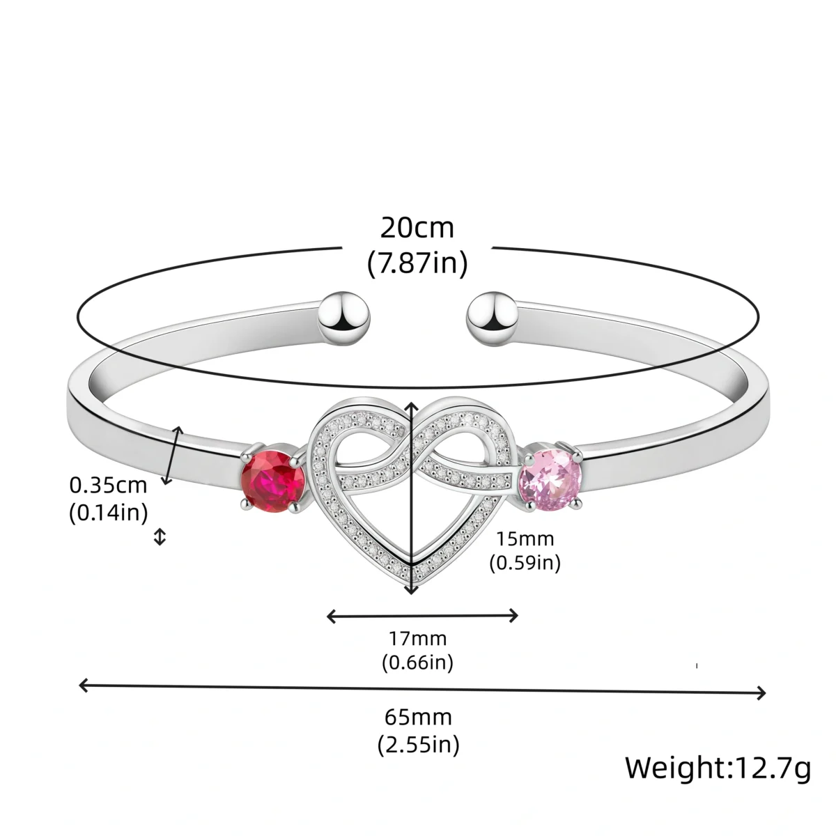 Love Knot Bracelet - Engraved with Name and Birthstone-size chart