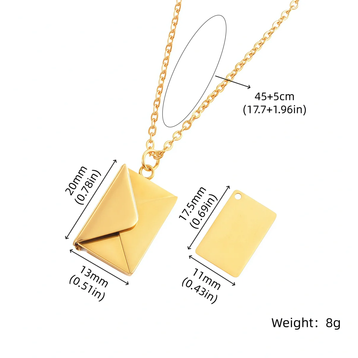 Love Letter — Customizable Envelope Pendant Necklace-size chart
