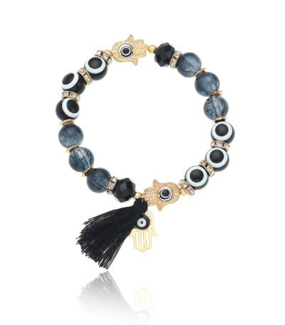Beaded bracelet with Evil Eye charm, Hamsa hands, and black tassel for protection and peace