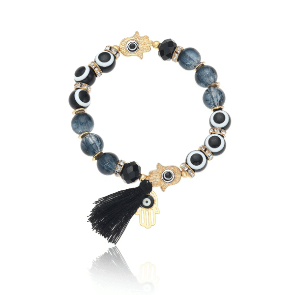 Beaded bracelet with Evil Eye charm, Hamsa hands, and black tassel for protection and peace