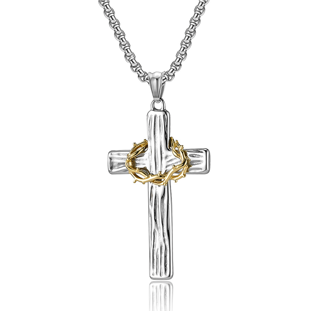 Thorn Crown Wood Grain Cross Necklace – silver textured cross pendant with golden crown of thorns, symbolizing faith and strength.