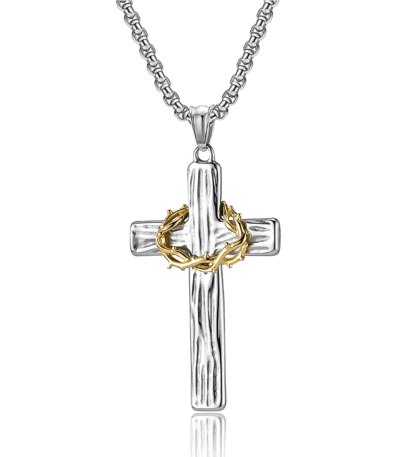 Thorn Crown Wood Grain Cross Necklace – silver textured cross pendant with golden crown of thorns, symbolizing faith and strength.