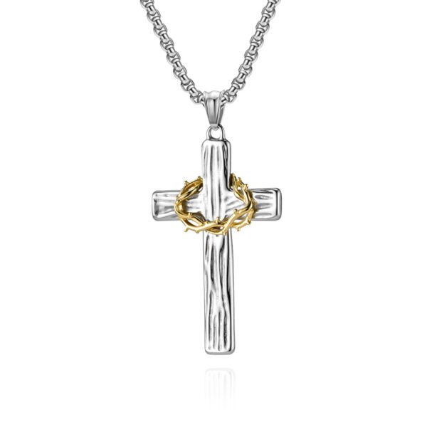 Thorn Crown Wood Grain Cross Necklace
