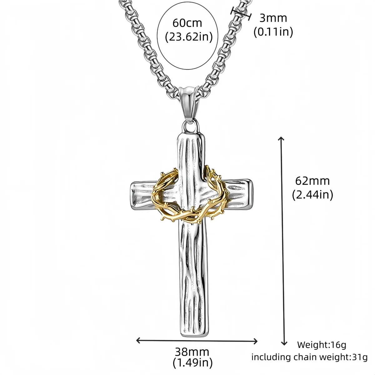Thorn Crown Wood Grain Cross Necklace-size chart