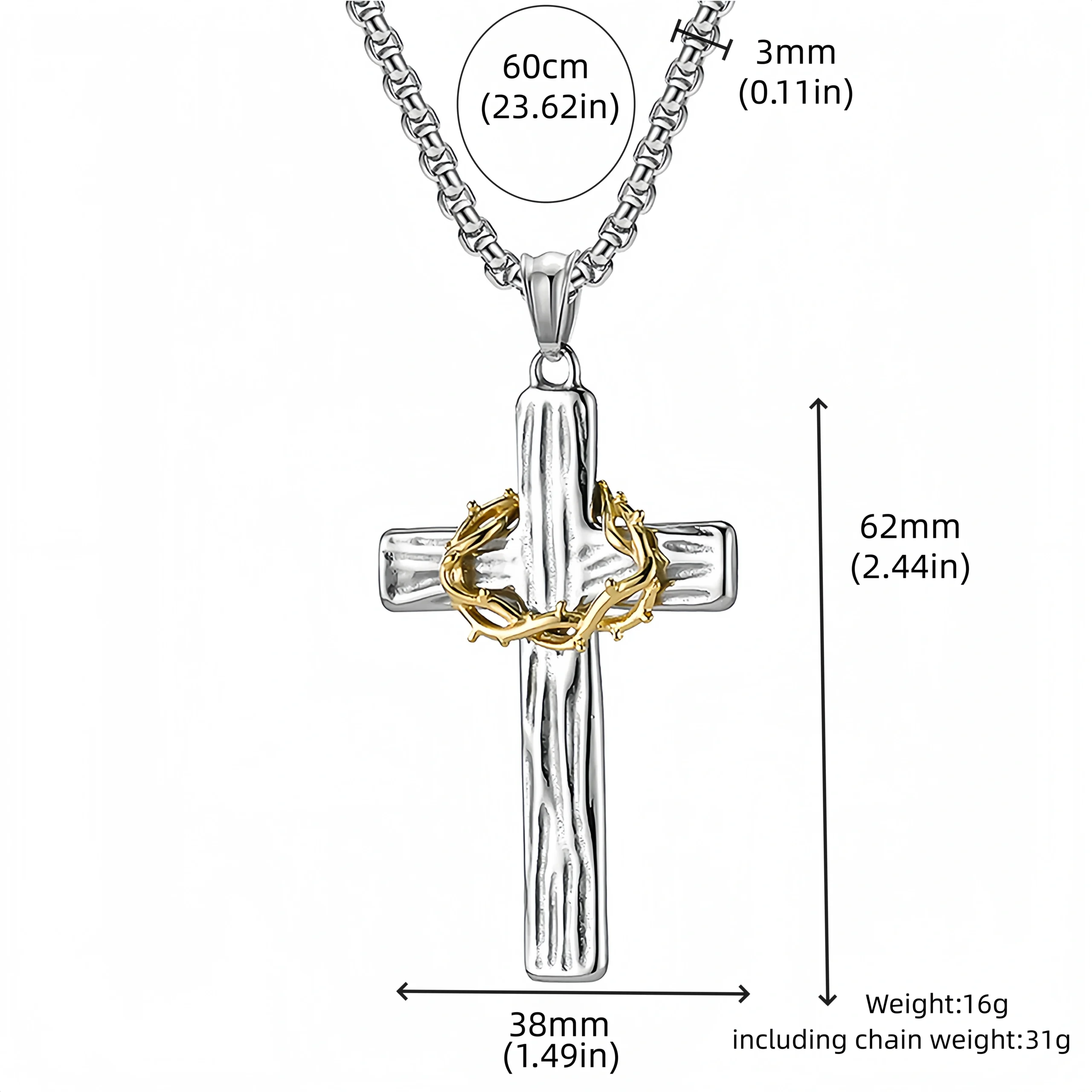 Thorn Crown Wood Grain Cross Necklace-size chart Thorn Crown Wood Grain Cross Necklace-size chart