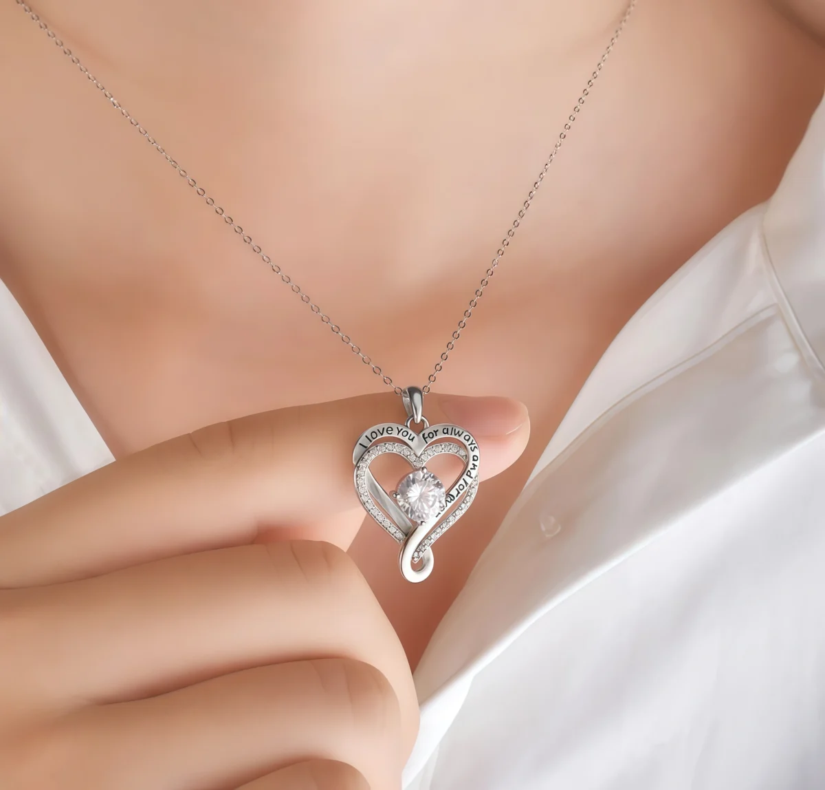 To My Wife-Love Forever- Engraved Heart Necklace-model